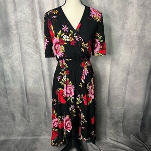 KorMei Black, Pink & Red Floral Wrap Dress - size Medium